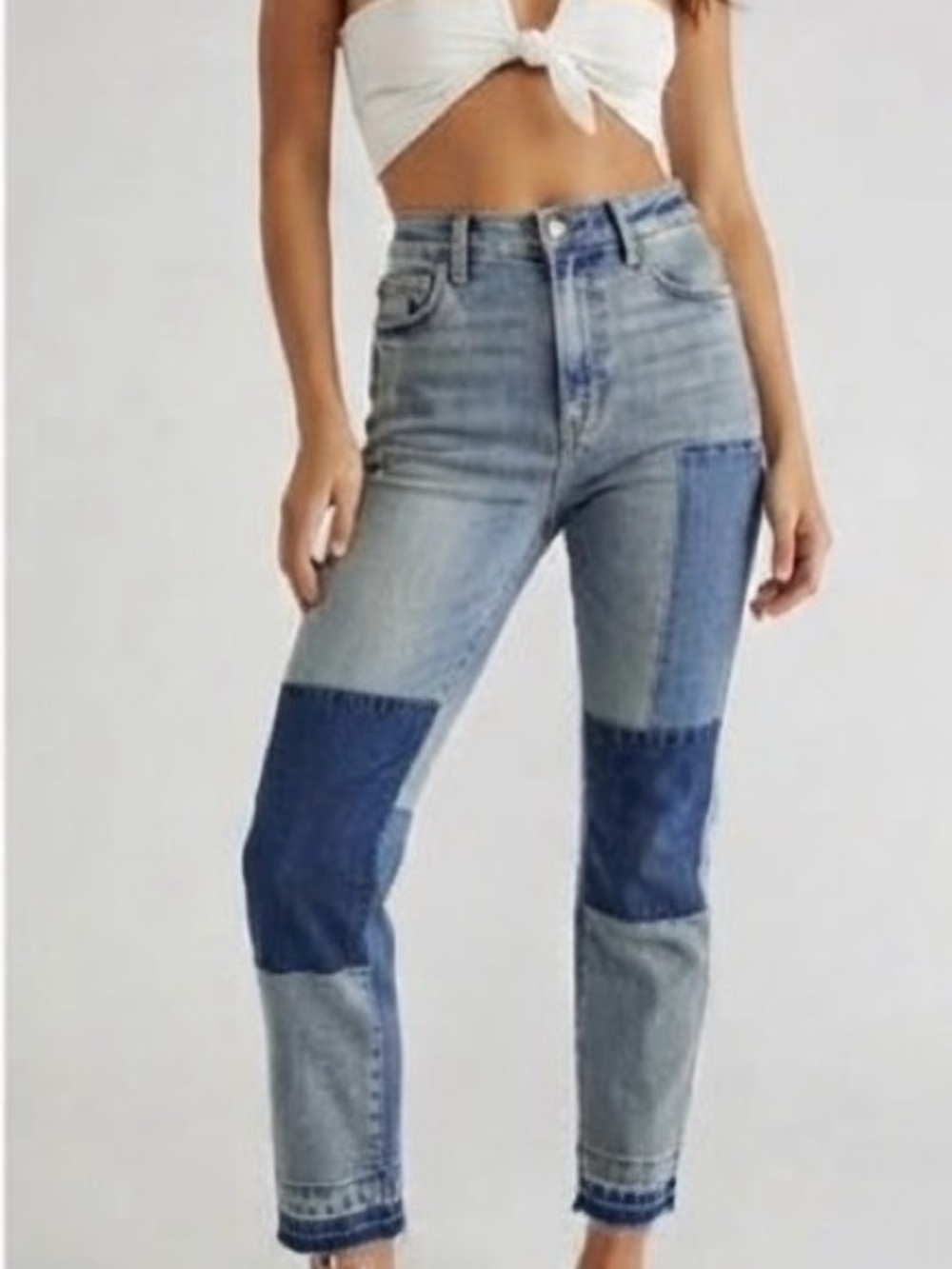 Free People Patchwork Skinny Jeans Size 24 blue distressed